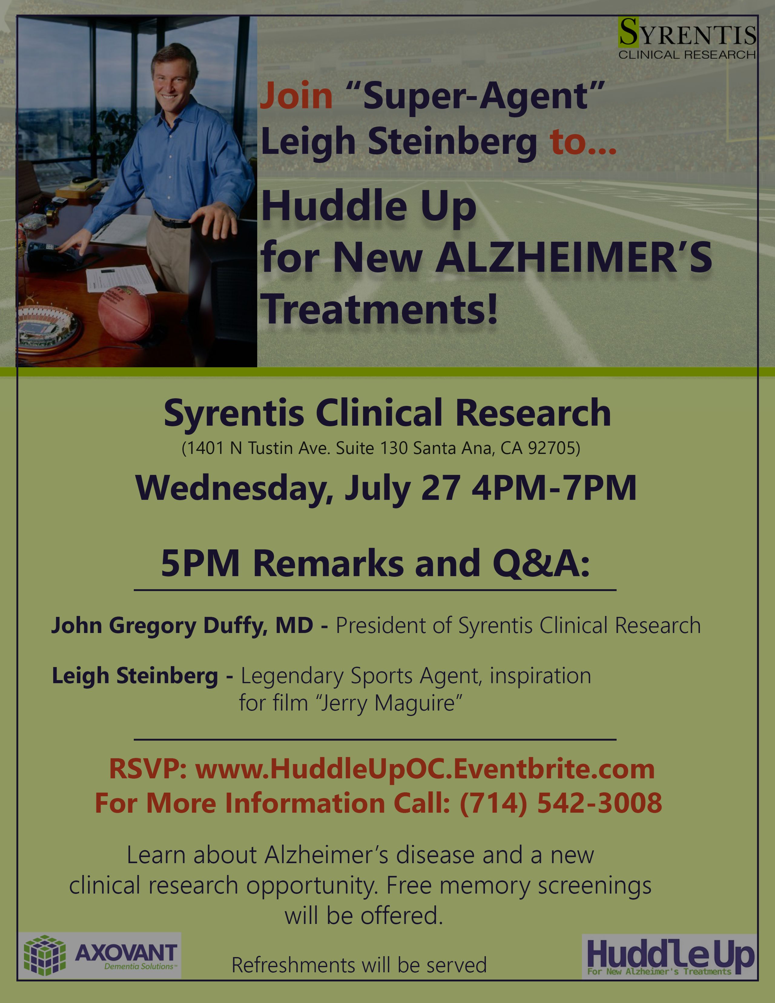 Huddle Up For New Alzheimer’s Treatments with Leigh Steinberg Syrentis Research Axovant Sciences