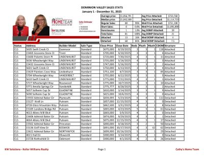 Dominion Valley 2025 Home Sale Stats