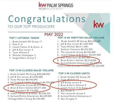 Brian &amp; Kerri continue to rank among the top agents in Palm Springs!