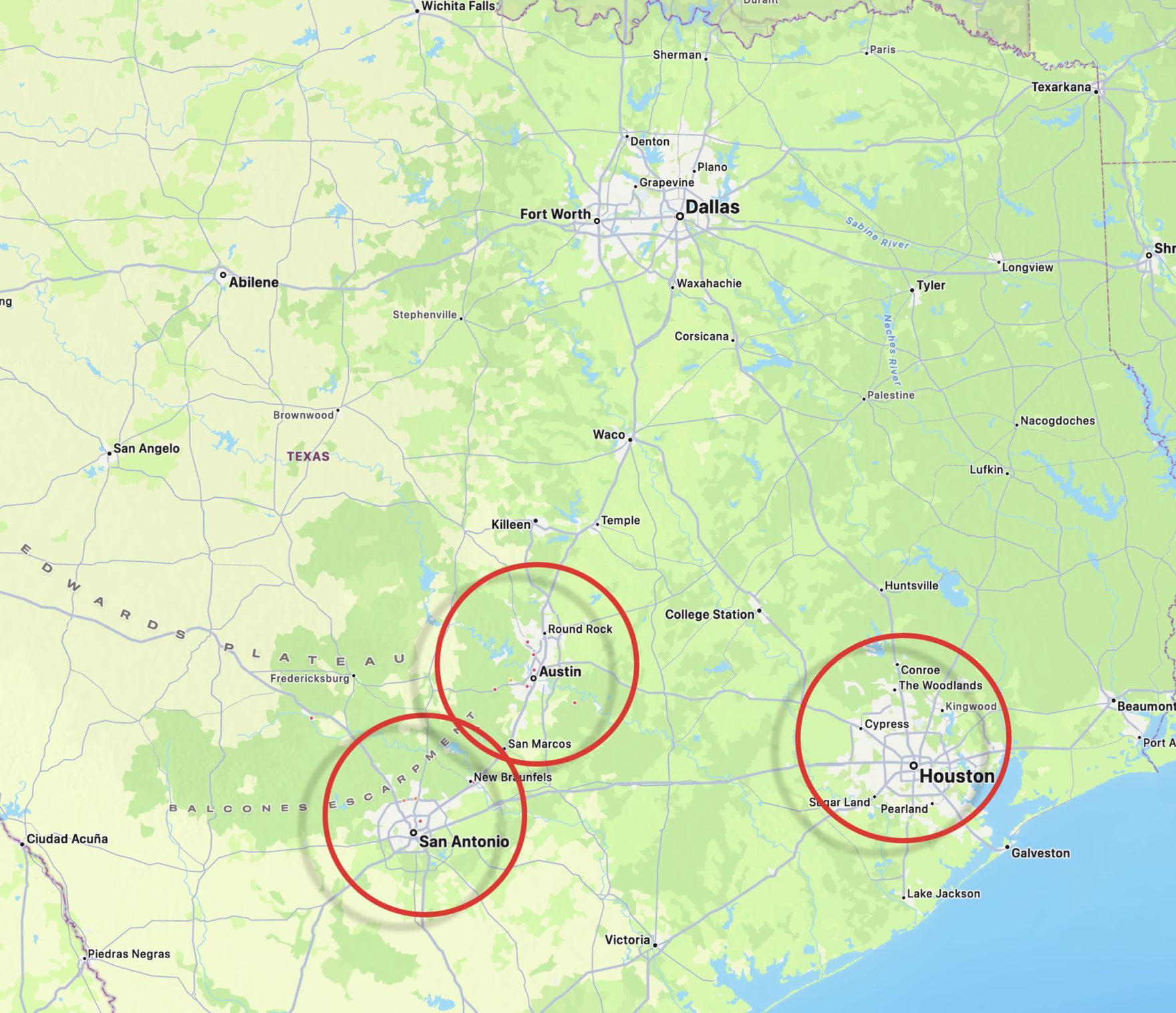image of Jason's flat fee listing service area map for Austin San Antonio and Houston Texas