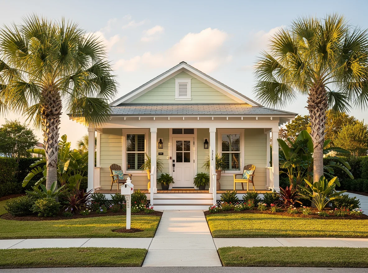 Coastal-style home exterior with porch and palms