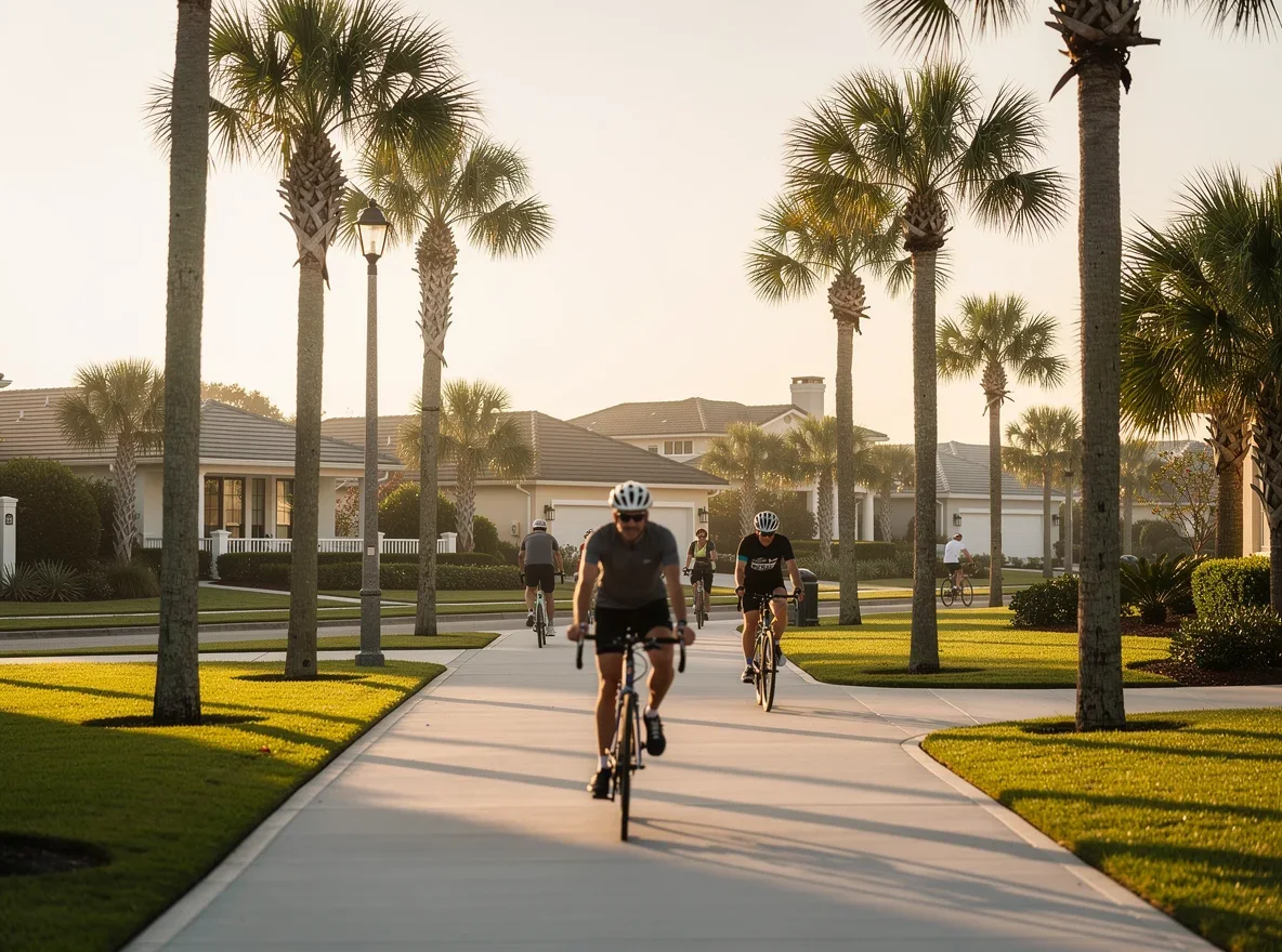 Biking along a palm-lined path in Ponte Vedra Beach, Florida