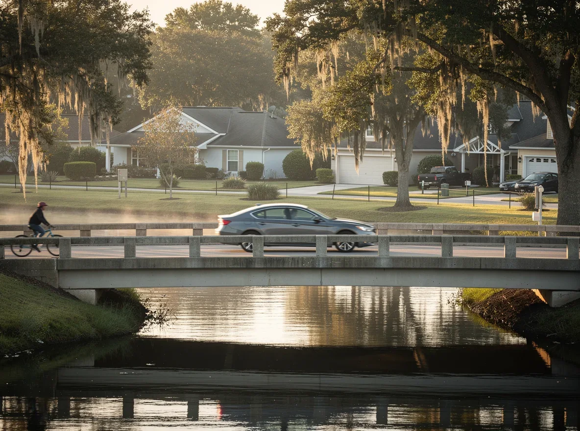 Morning commute feel near Fleming Island with river and trees