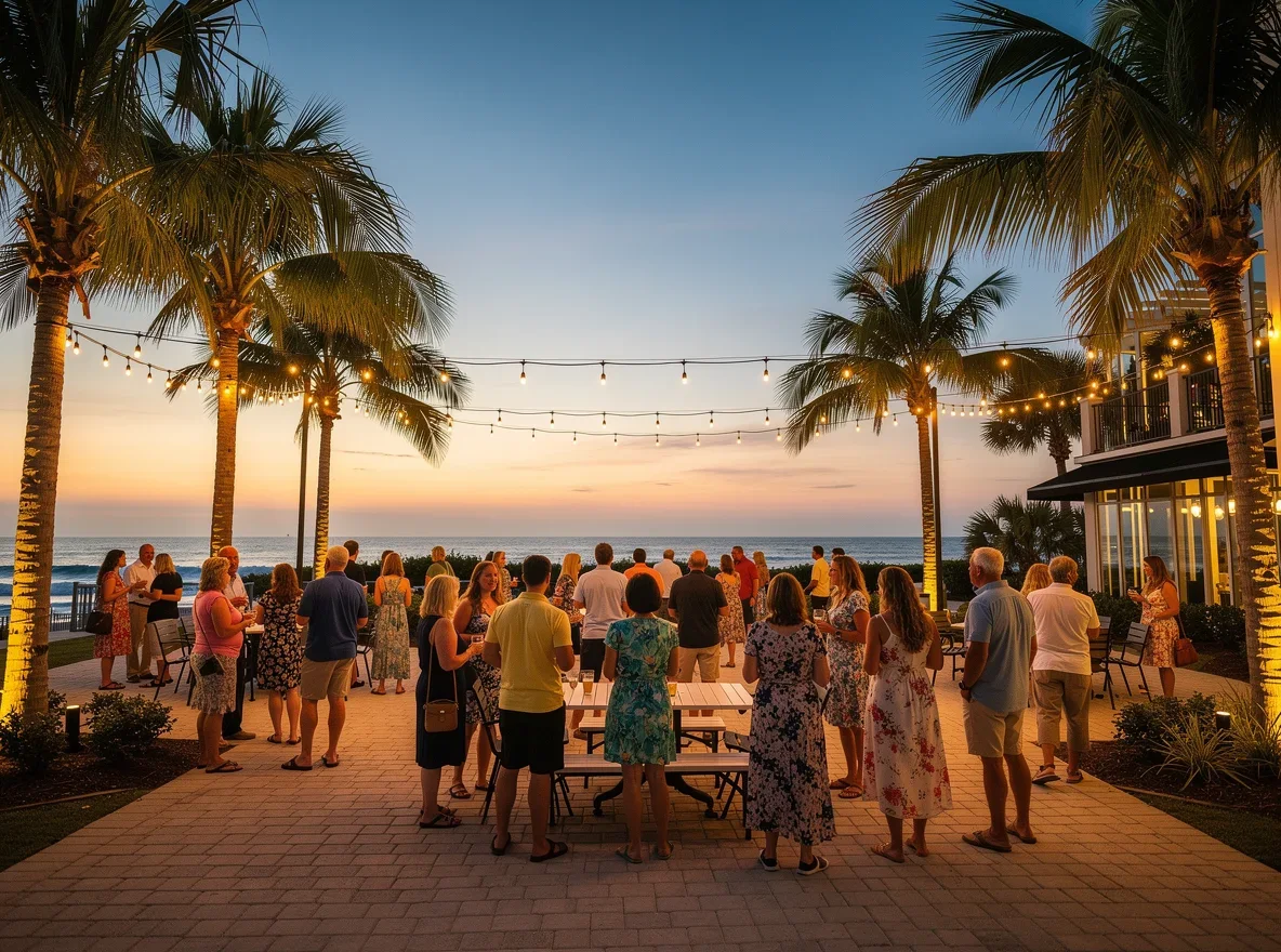 Evening community gathering in a palm-lined outdoor plaza