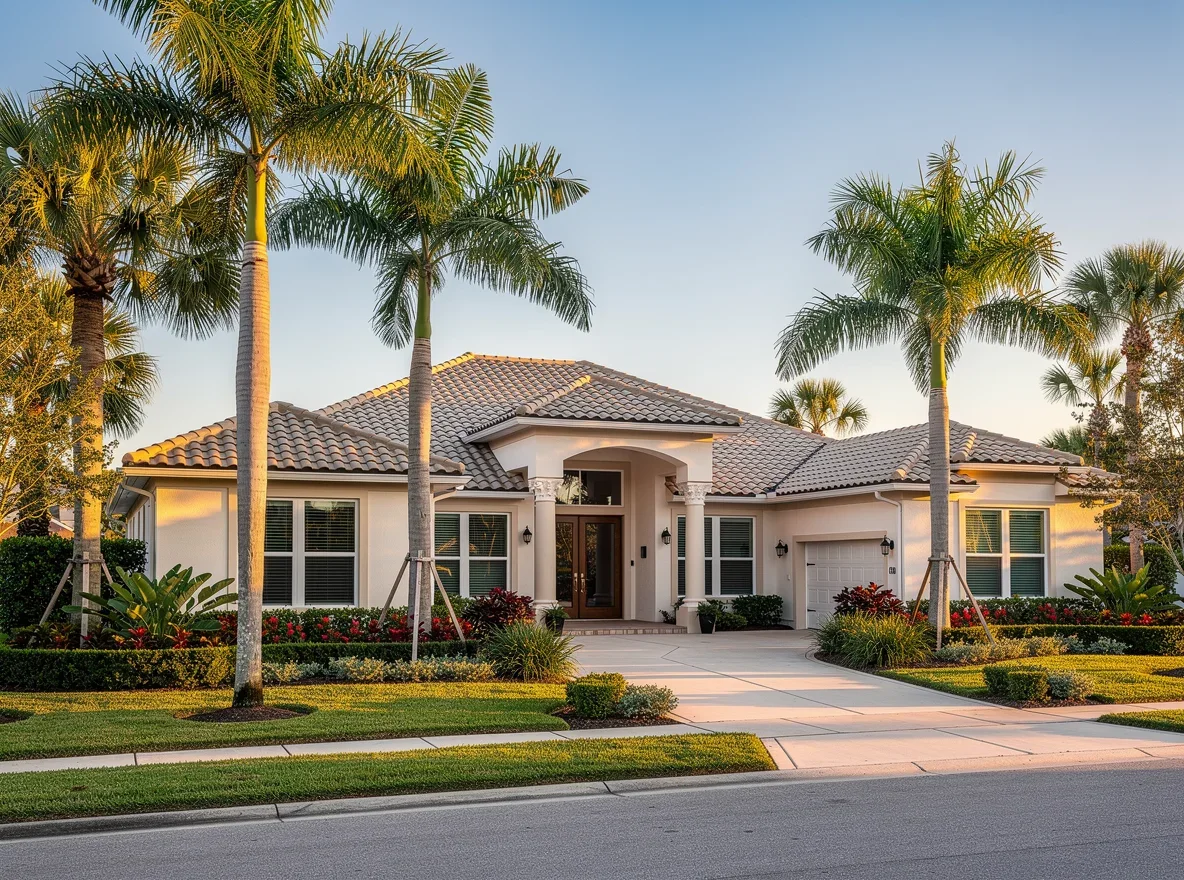 Coastal Florida home exterior with palms and manicured landscaping