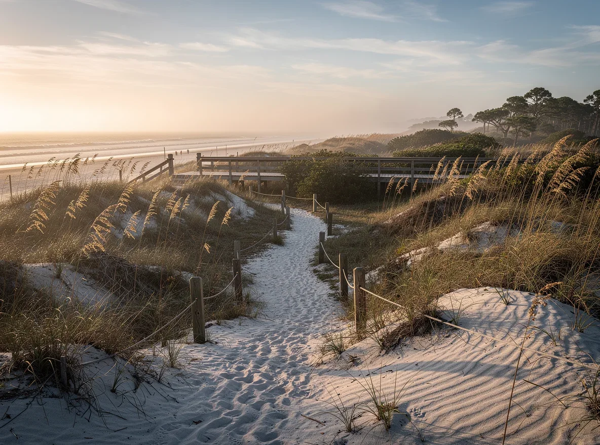Sandy dune path leading toward the shoreline in St. Augustine, Florida