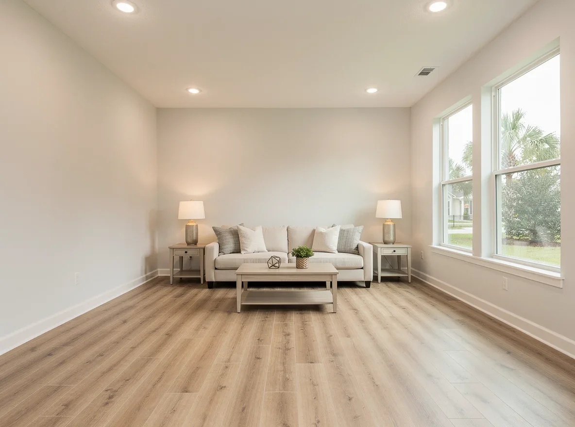 Bright neutral living room with updated lighting in Orange Park