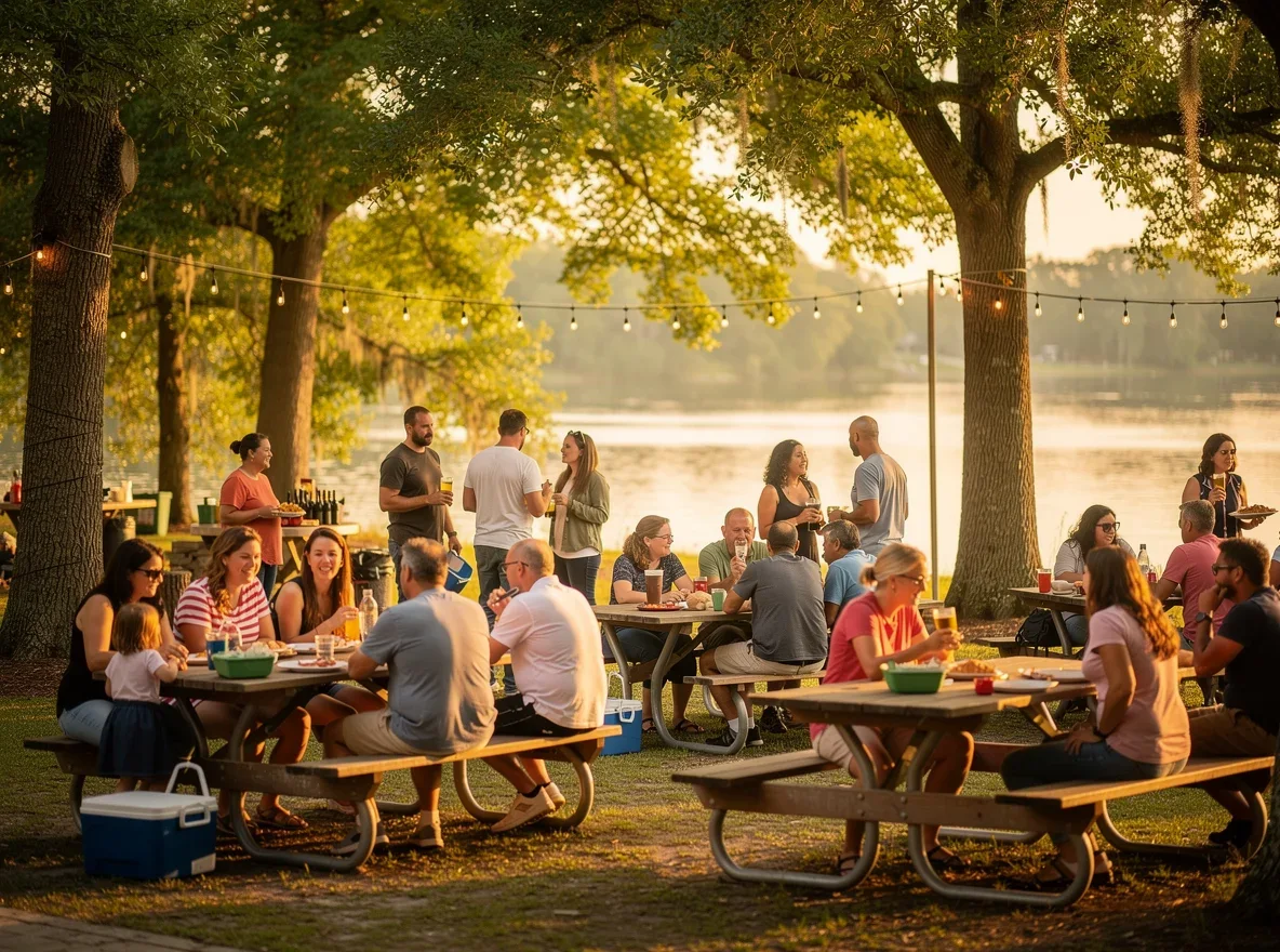 Relaxed community gathering in a riverside park