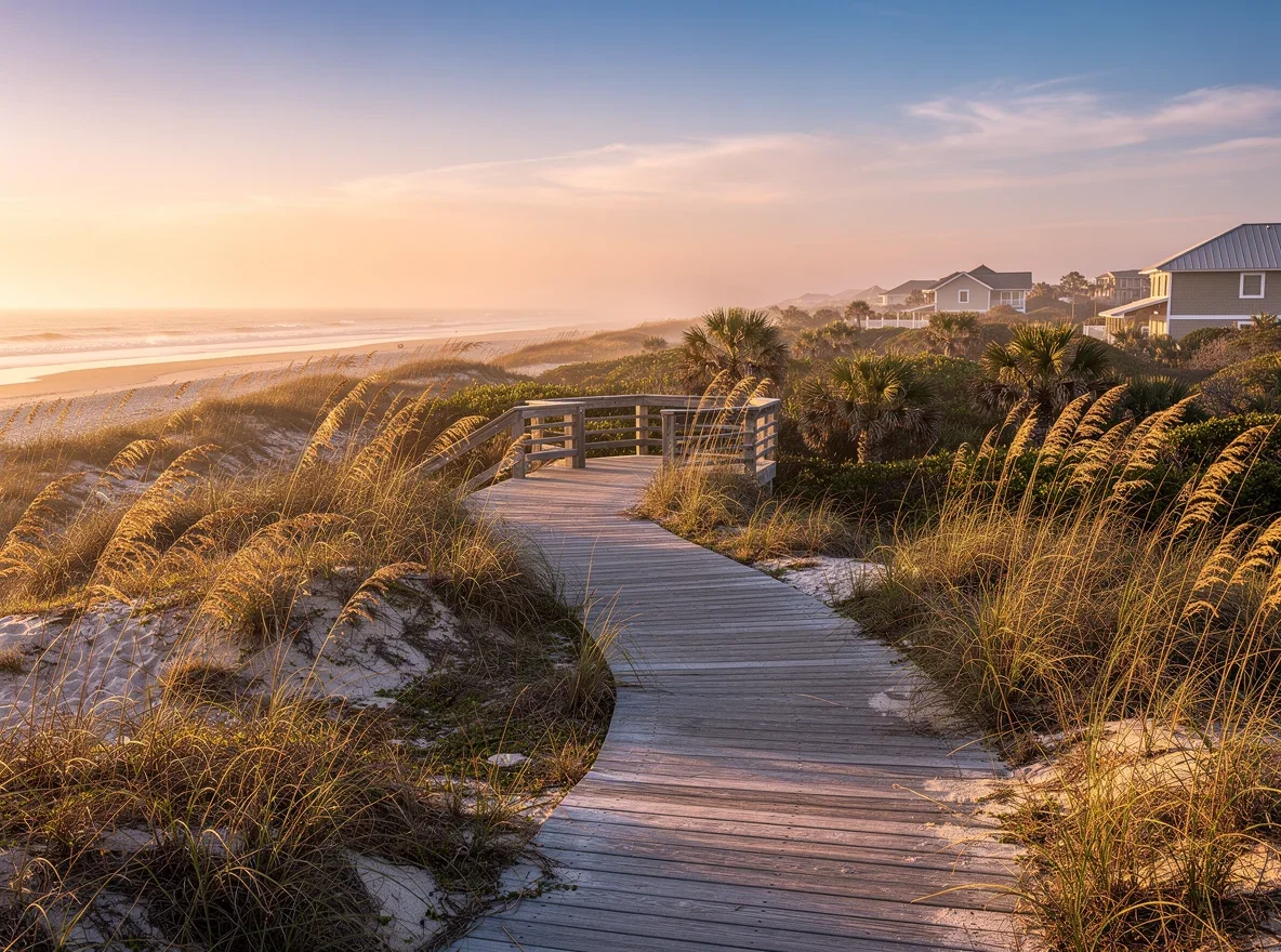 Dune-lined shoreline and boardwalk path in Ponte Vedra Beach