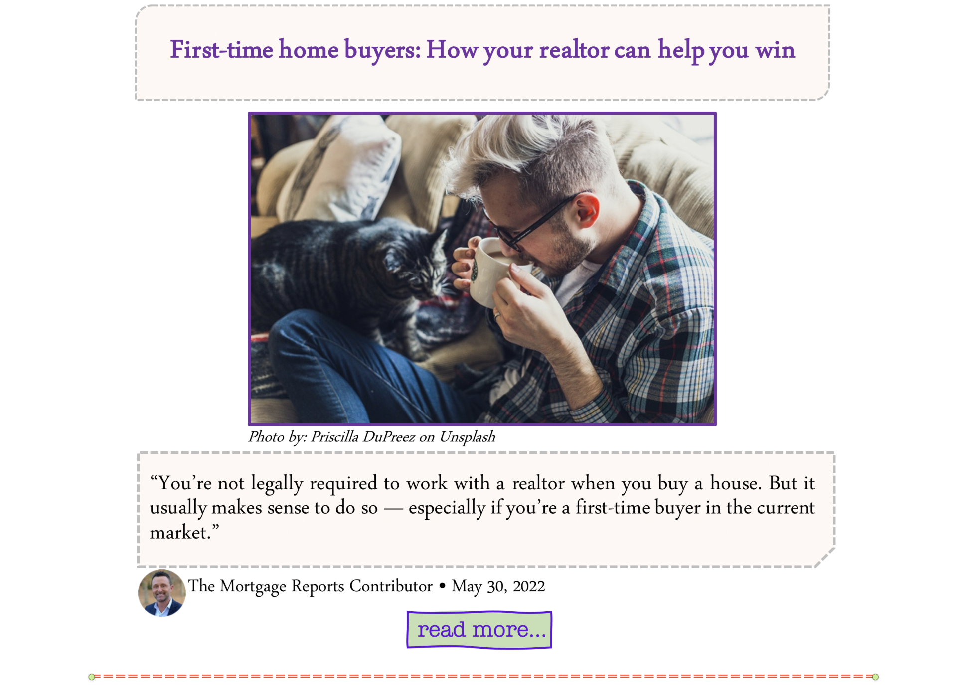MAN WITH DOG. ARTICLE ON BENEFITS FOR 1ST TIME HOME BUYERS USING A REALTOR