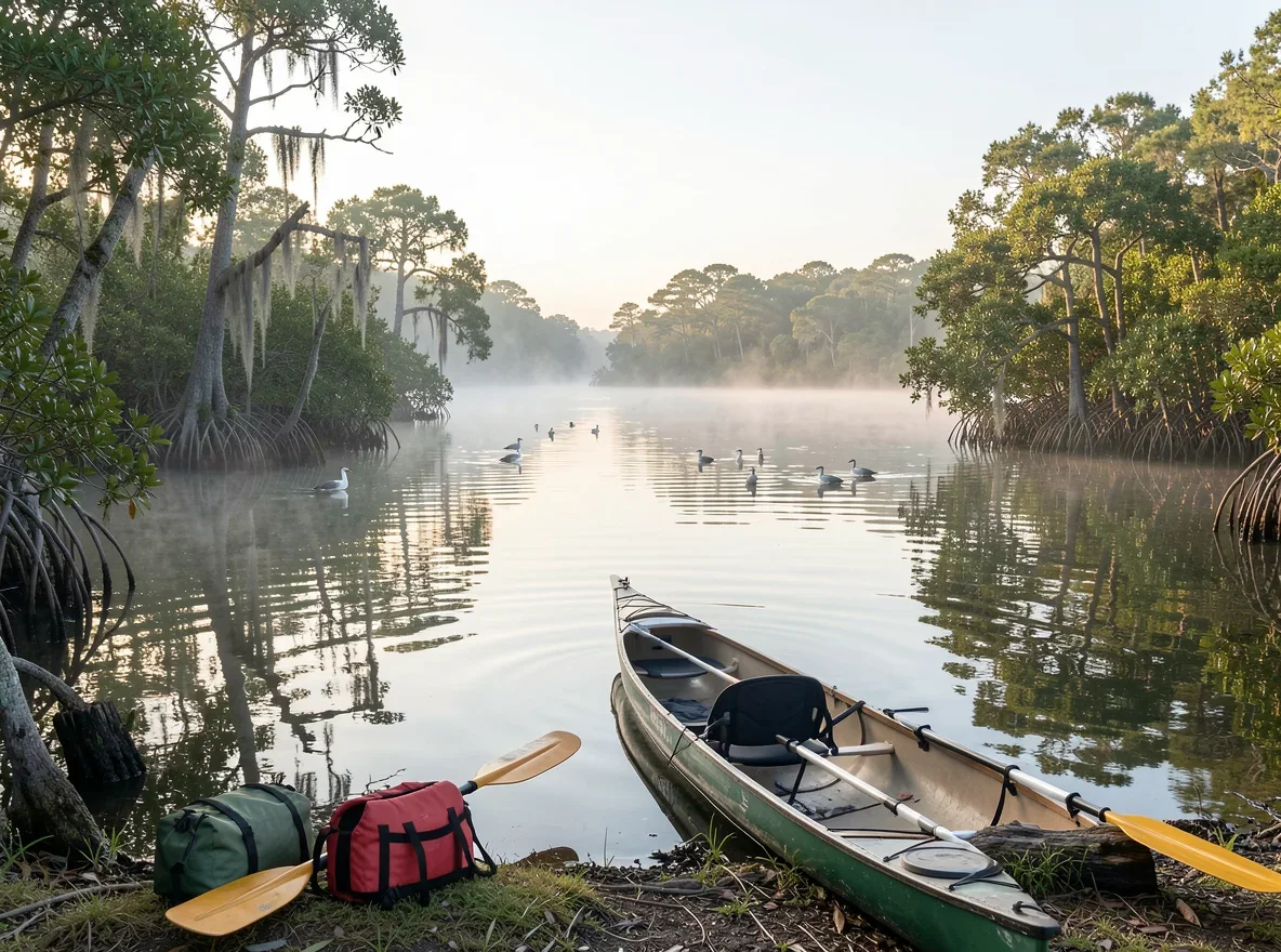 Kayakers on calm bay water near mangroves