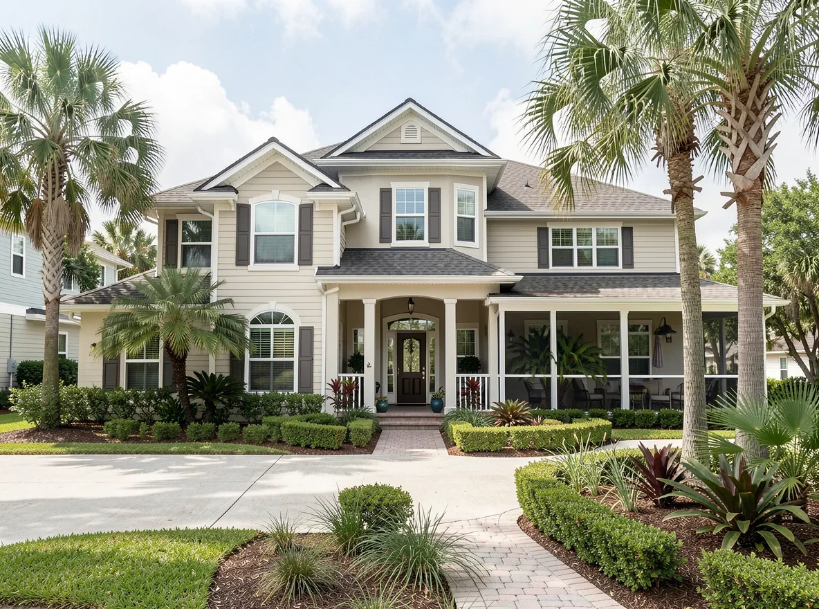 Florida home exterior with tropical landscaping
