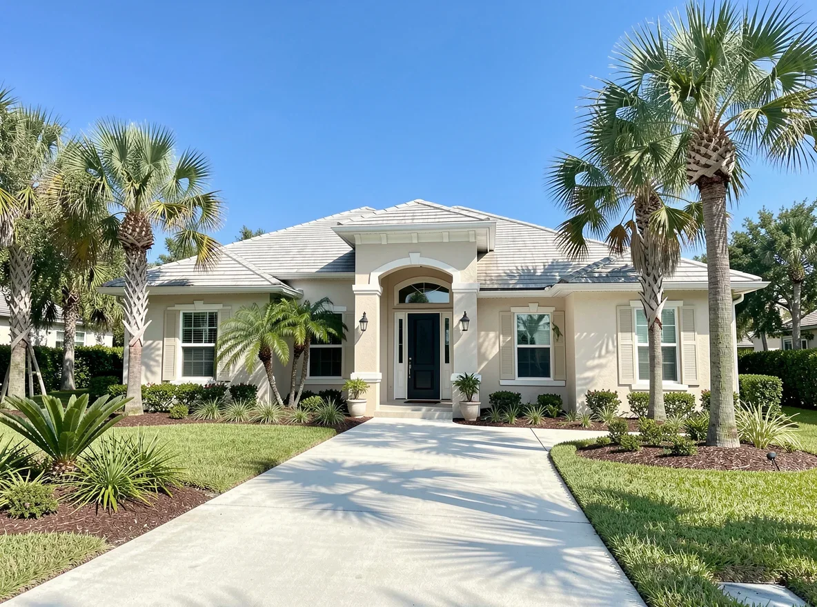 Coastal Florida home exterior with palm landscaping