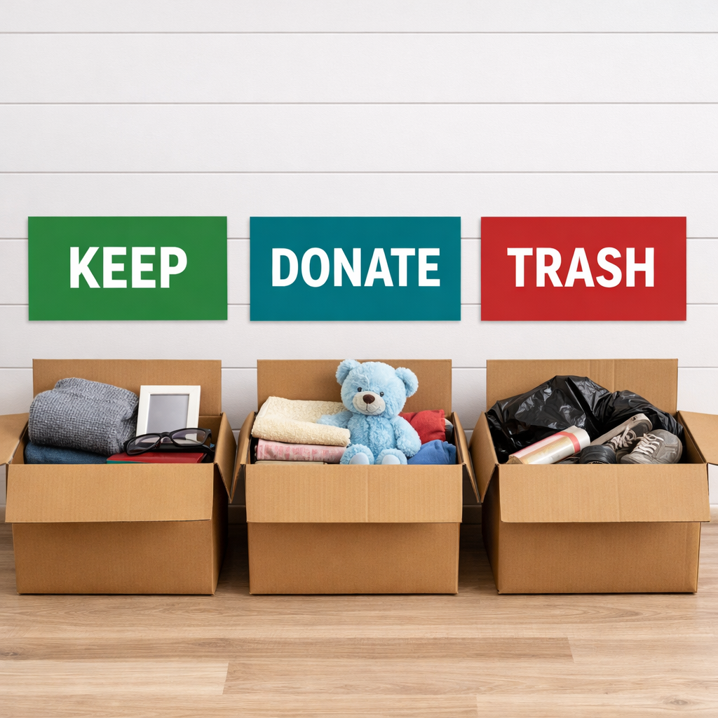Sorting items for keep, donate, or recycle Boxes showing sorting items into keep, donate, trash