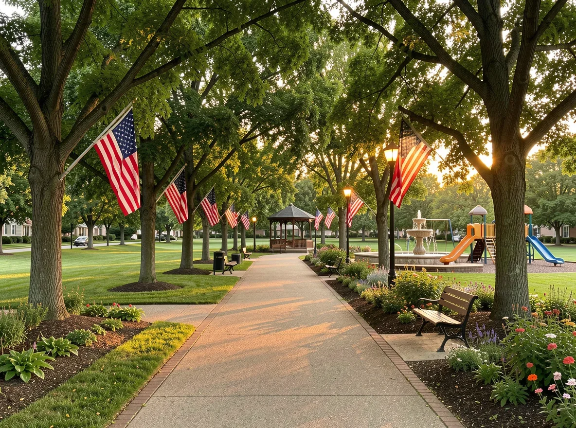 Peaceful park walkway lined with American flags