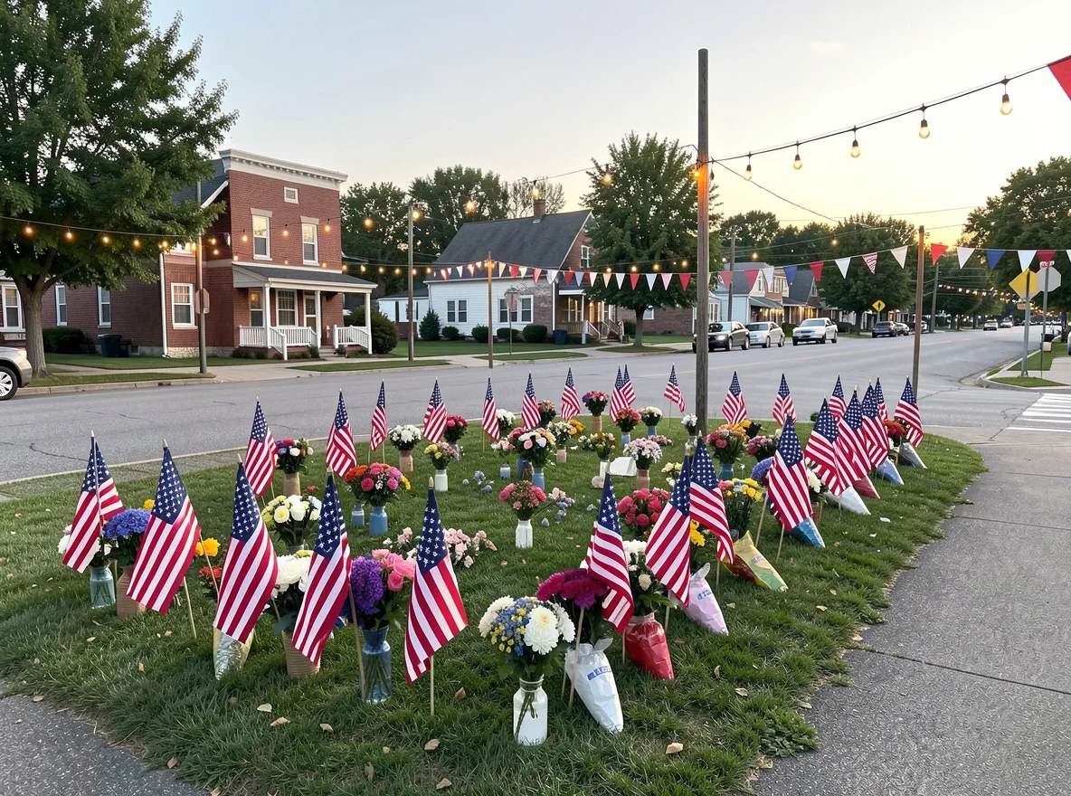 American flags and flowers at a peaceful memorial