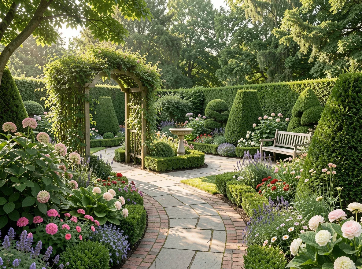 Quiet memorial garden with flowers and stone pathway