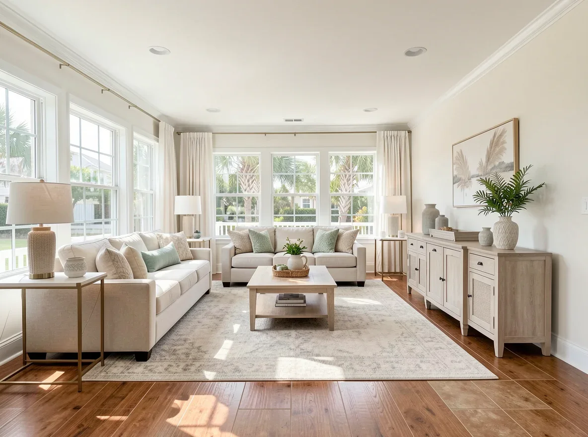 Bright Florida-inspired living room with soft neutral paint