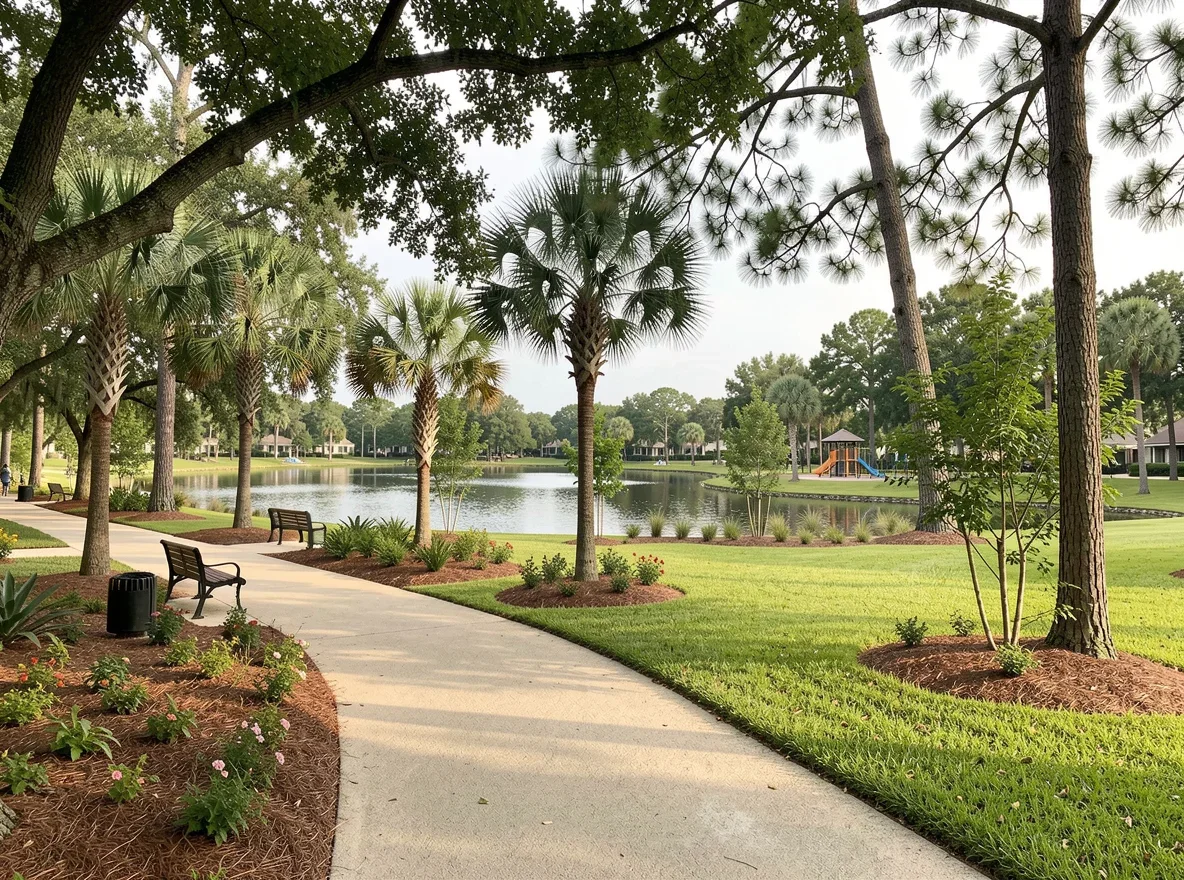 Walkable lakeside trail and shaded green space in a Florida neighborhood