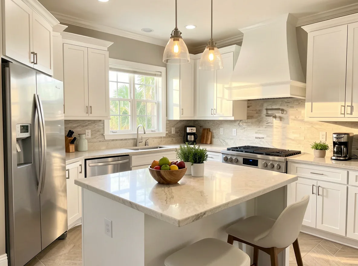 Fresh painted kitchen in soft greige with natural light