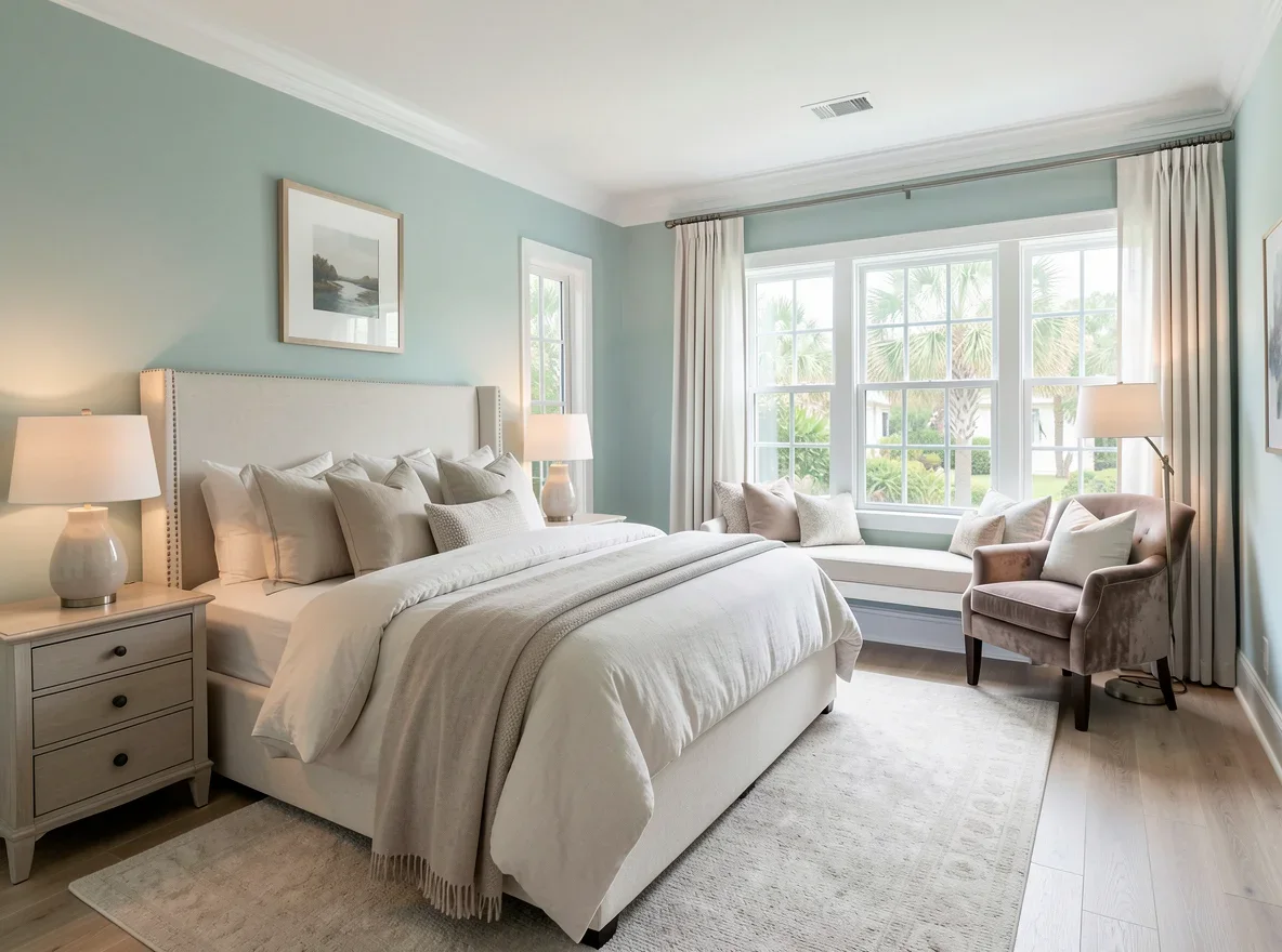 Calm bedroom with soft blue-green paint and bright white trim