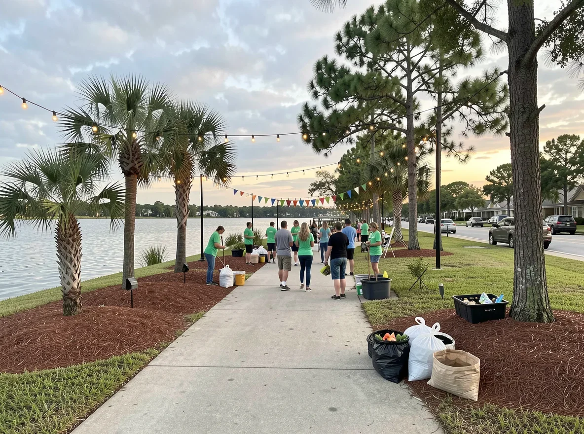 Neighbors gathering for an Earth Day tree planting event in a Florida neighborhood