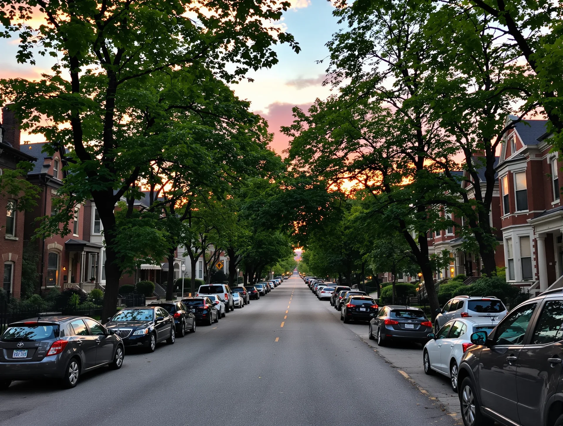 Tree-lined Chicago neighborhood street at sunset