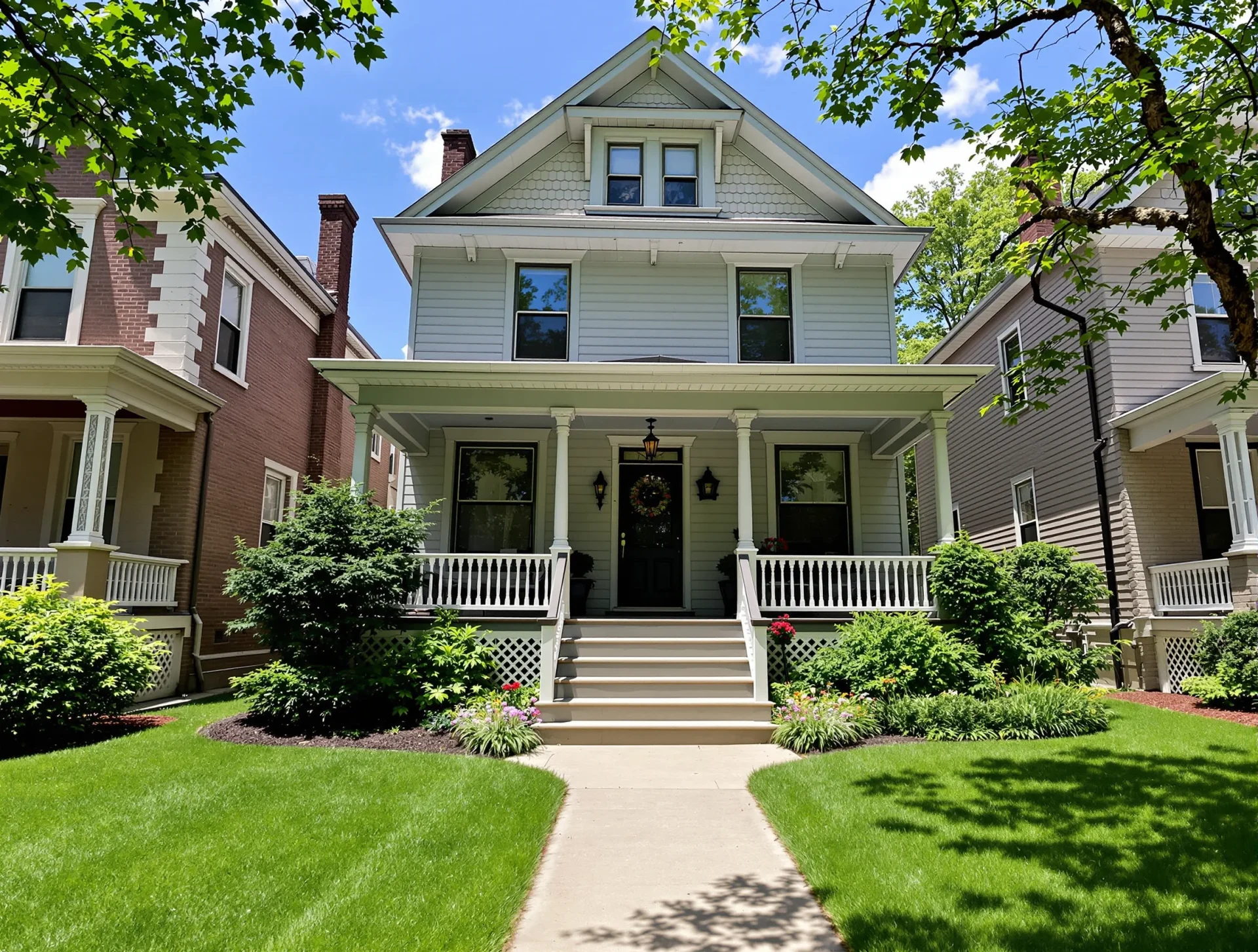 Historic single-family homes with front porches in Oak Park, Illinois