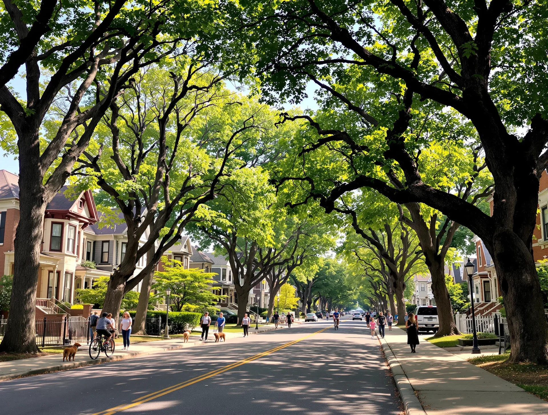 Tree-lined residential street in Oak Park, Illinois with historic homes