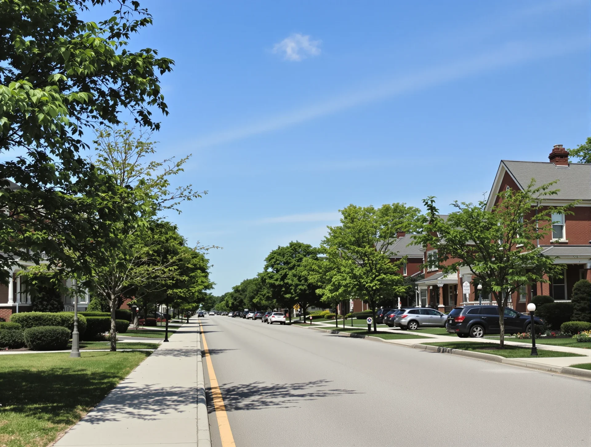 Tree-lined residential street in Cicero, Illinois with brick homes