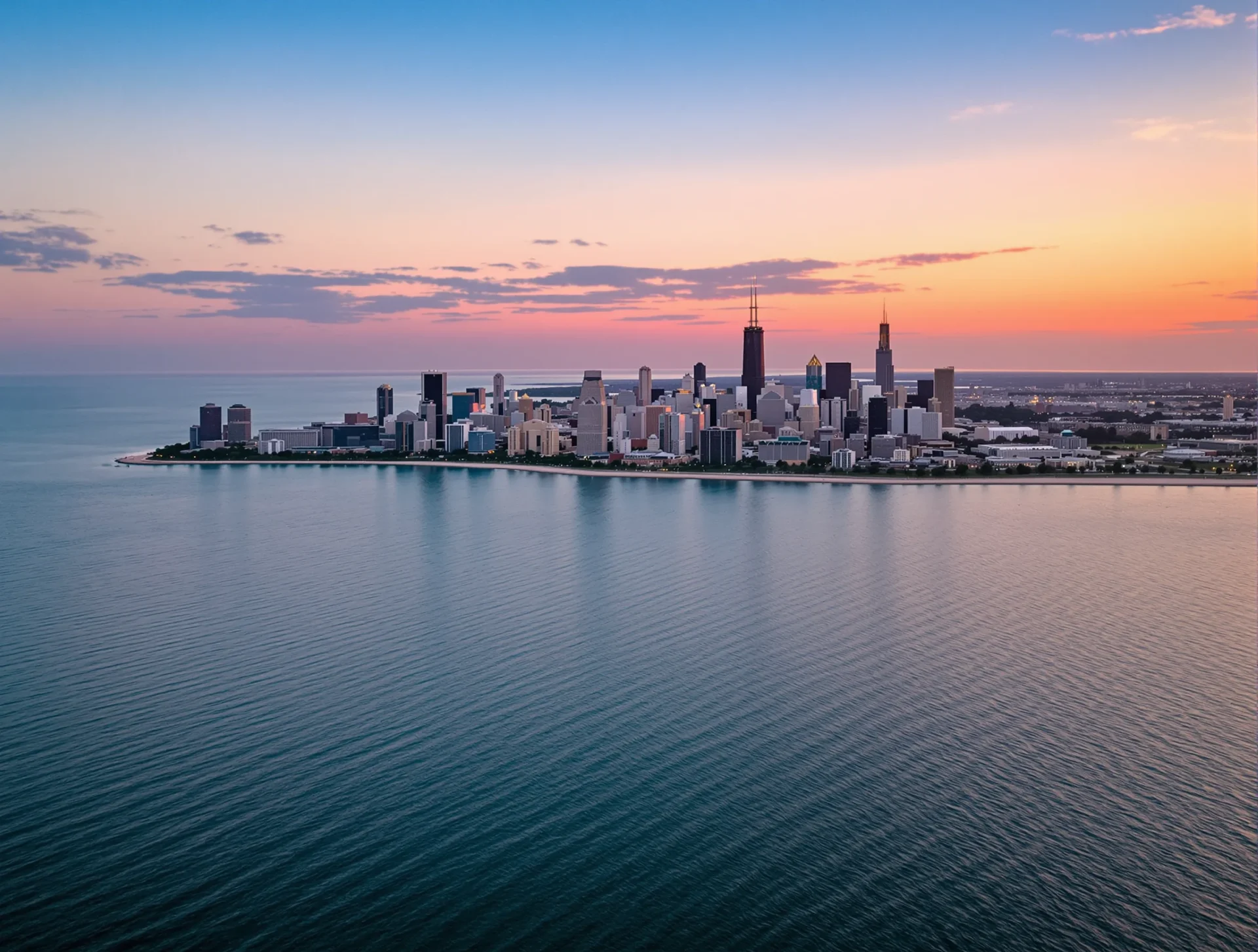 Chicago skyline at sunset with nearby residential areas
