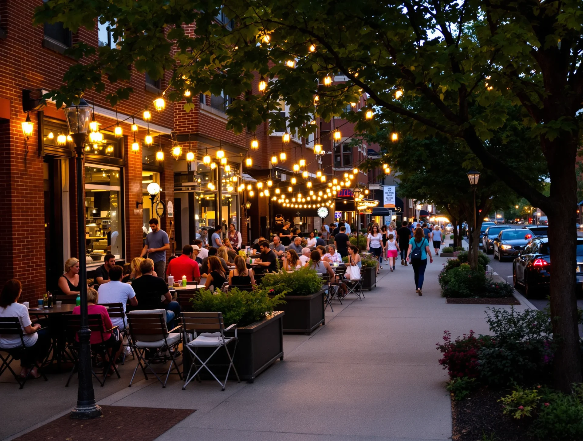 Evening street scene with outdoor dining in Berwyn