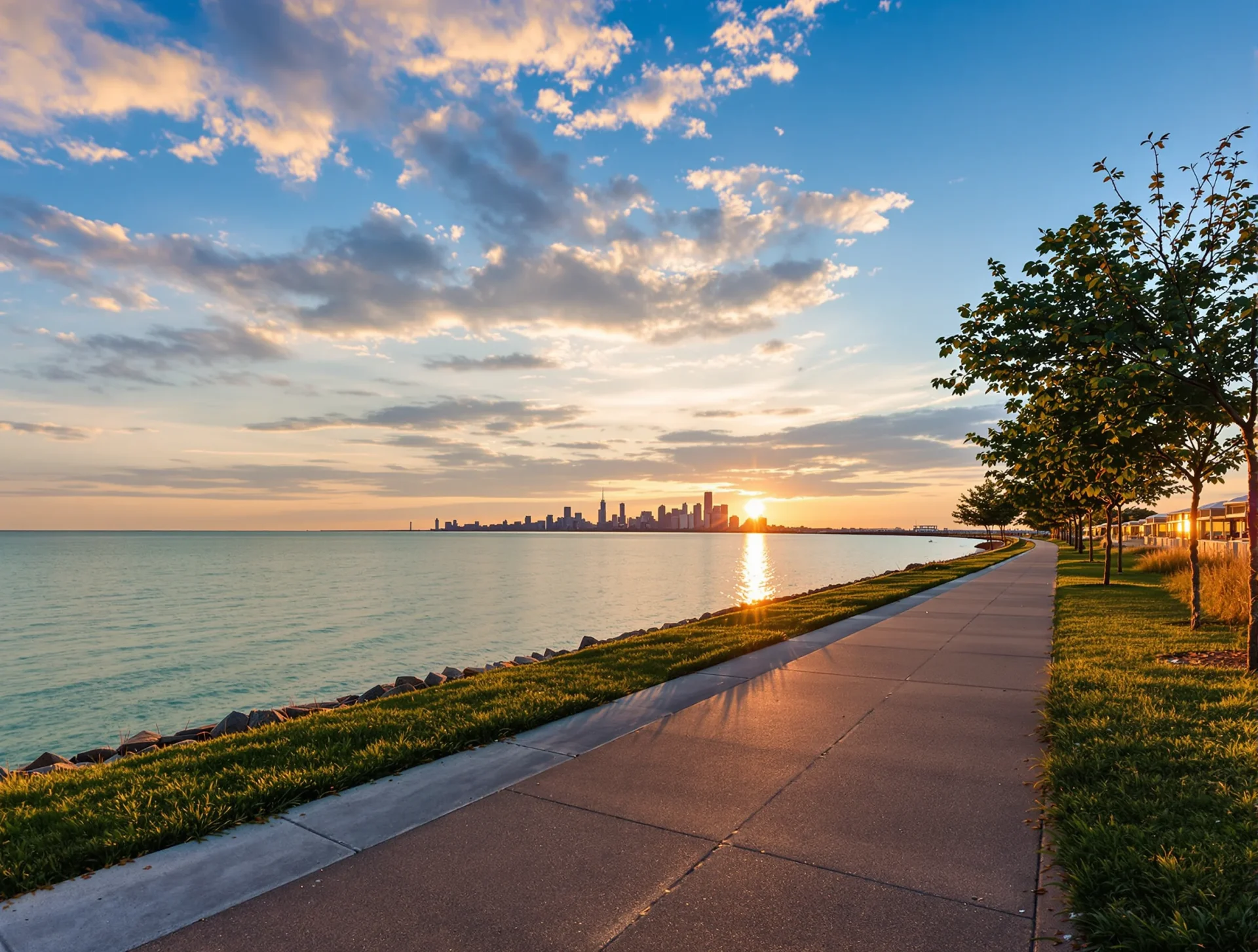 Lakefront path with the Chicago skyline at sunrise