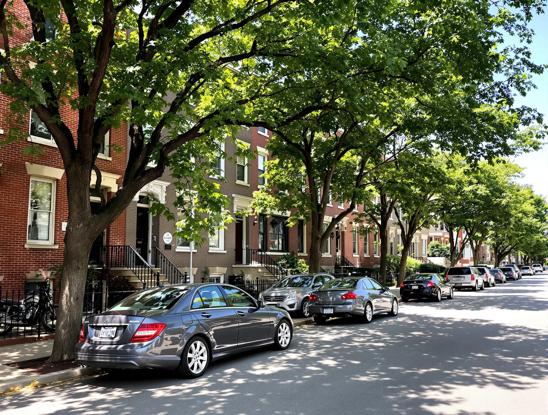 Tree-lined residential street with classic brick homes in Chicago