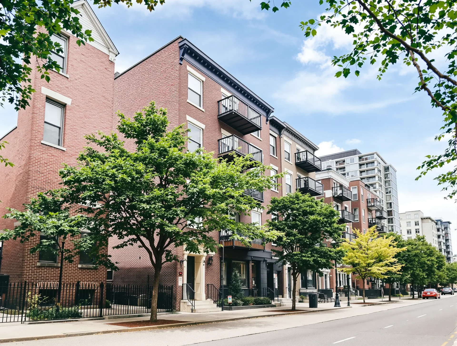 Chicago neighborhood street with classic brick buildings and condos