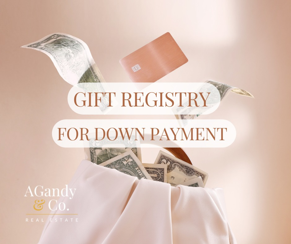 bag of money with text overlay that reads Gift Registry For Down Payment