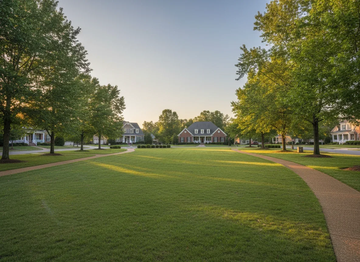 Neighborhood lifestyle scene with green space and walking paths