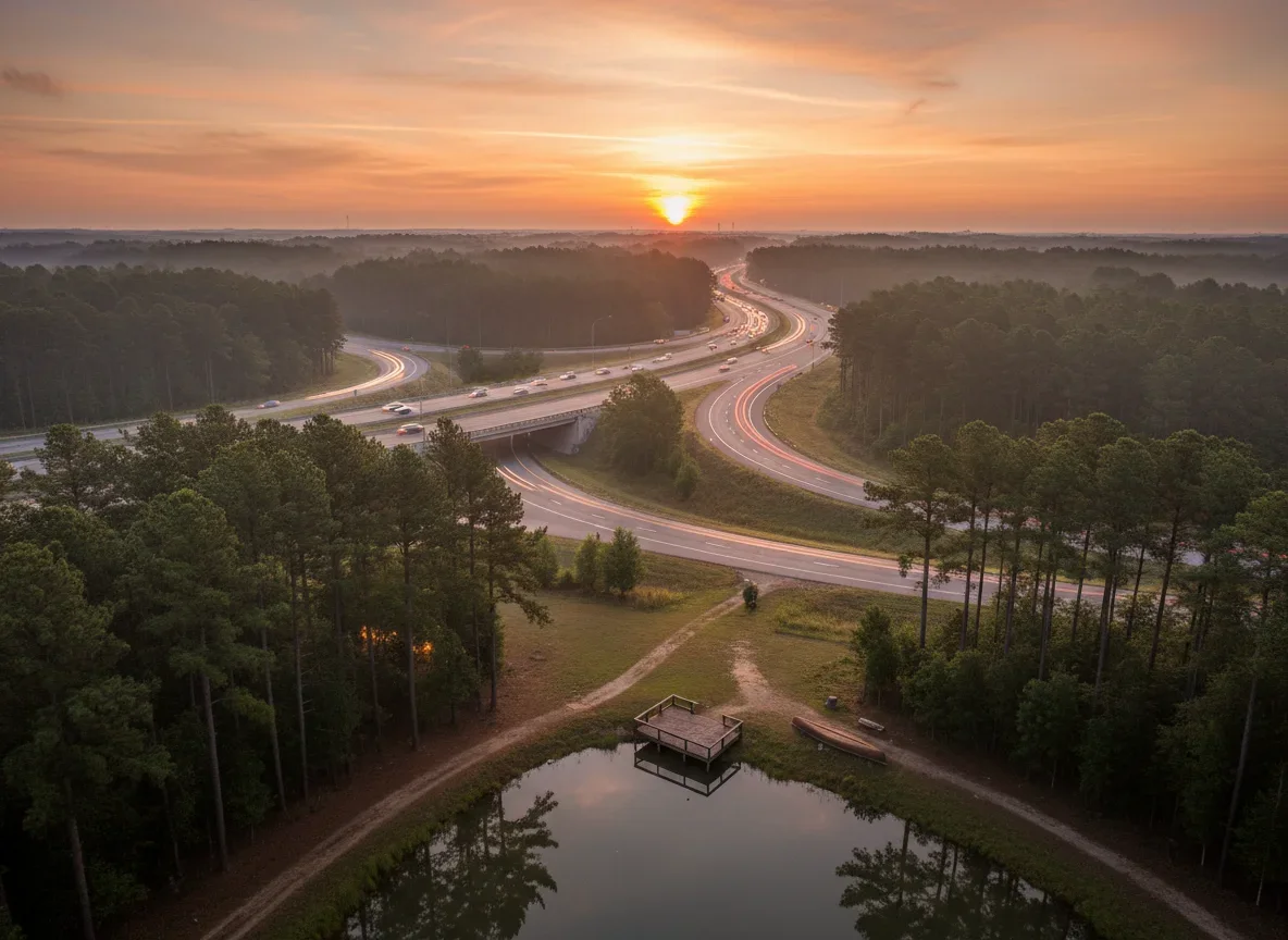 Morning commute traffic near Raleigh with sunrise light