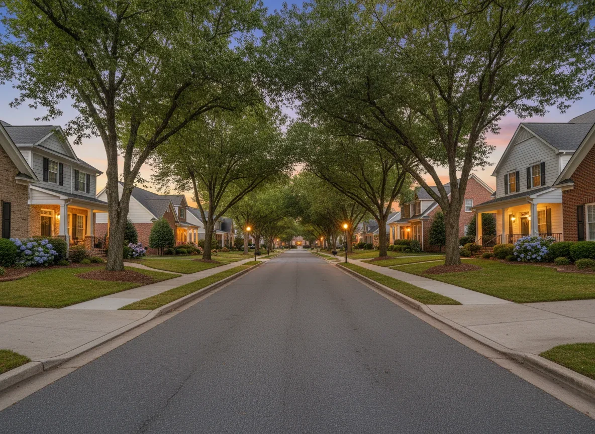 Tree-lined neighborhood street in Cary, North Carolina