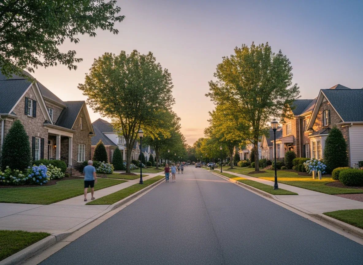 Neighbors enjoying an evening walk in a Wake Forest residential neighborhood