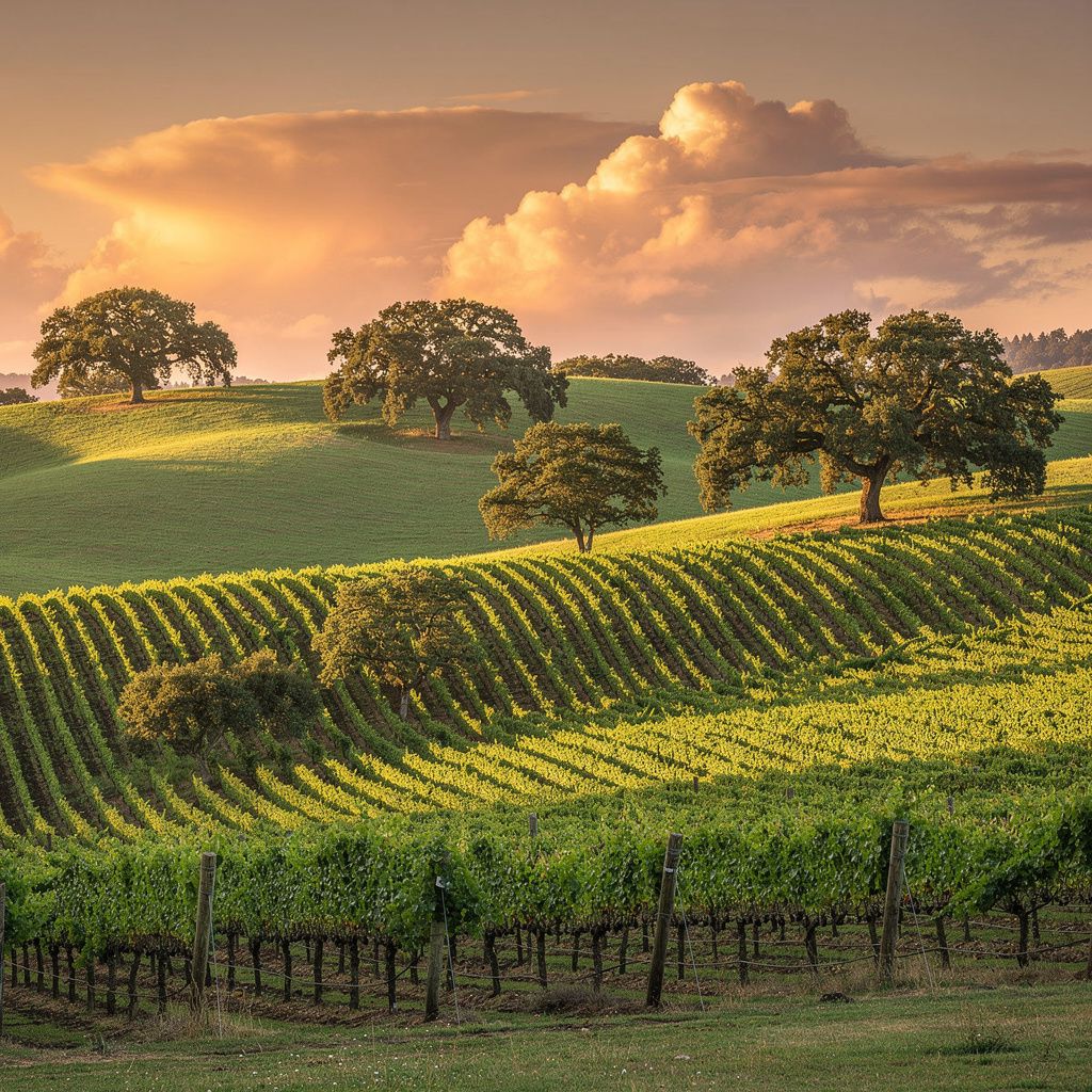 Sunset view over vineyards and rolling hills near Sebastopol, California