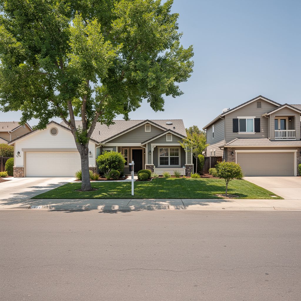 Suburban homes and tree-lined street in Rohnert Park, California