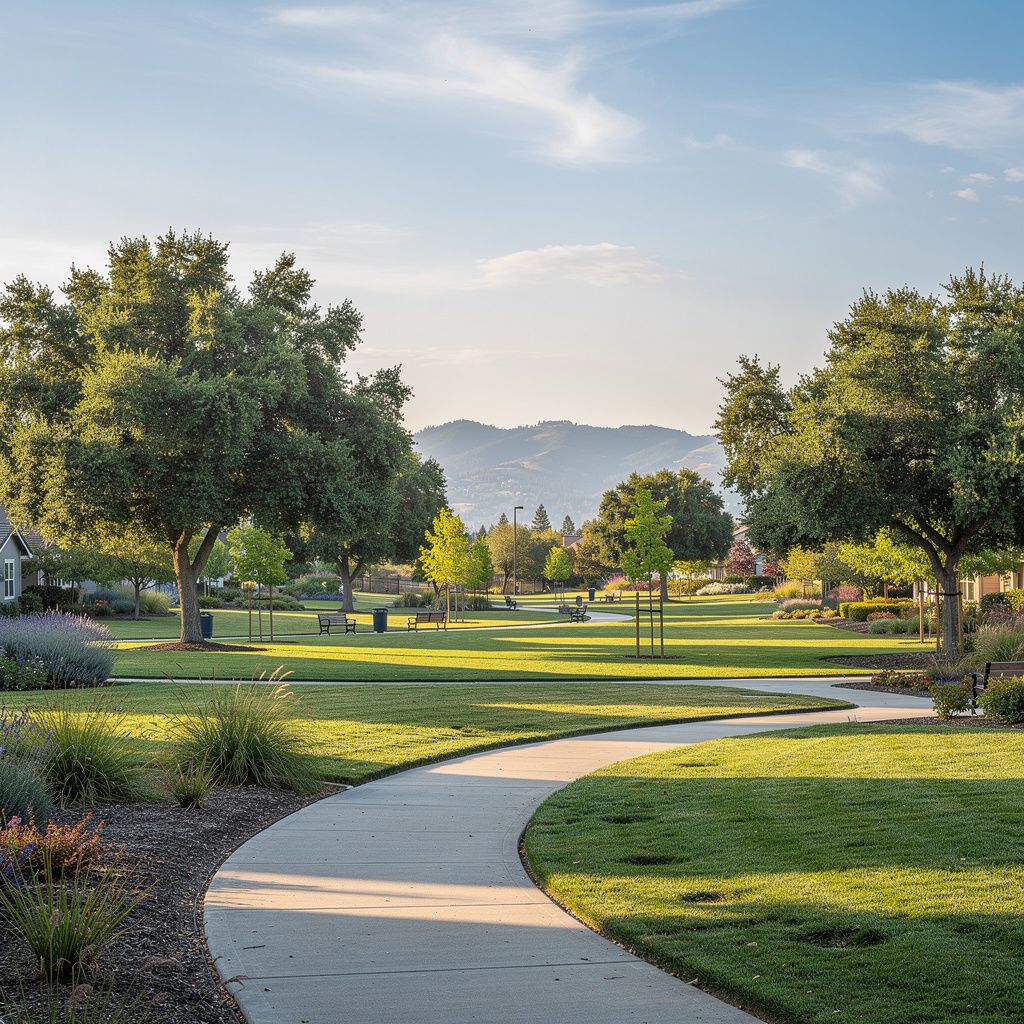 Green neighborhood park and Sonoma County hills in Rohnert Park, California