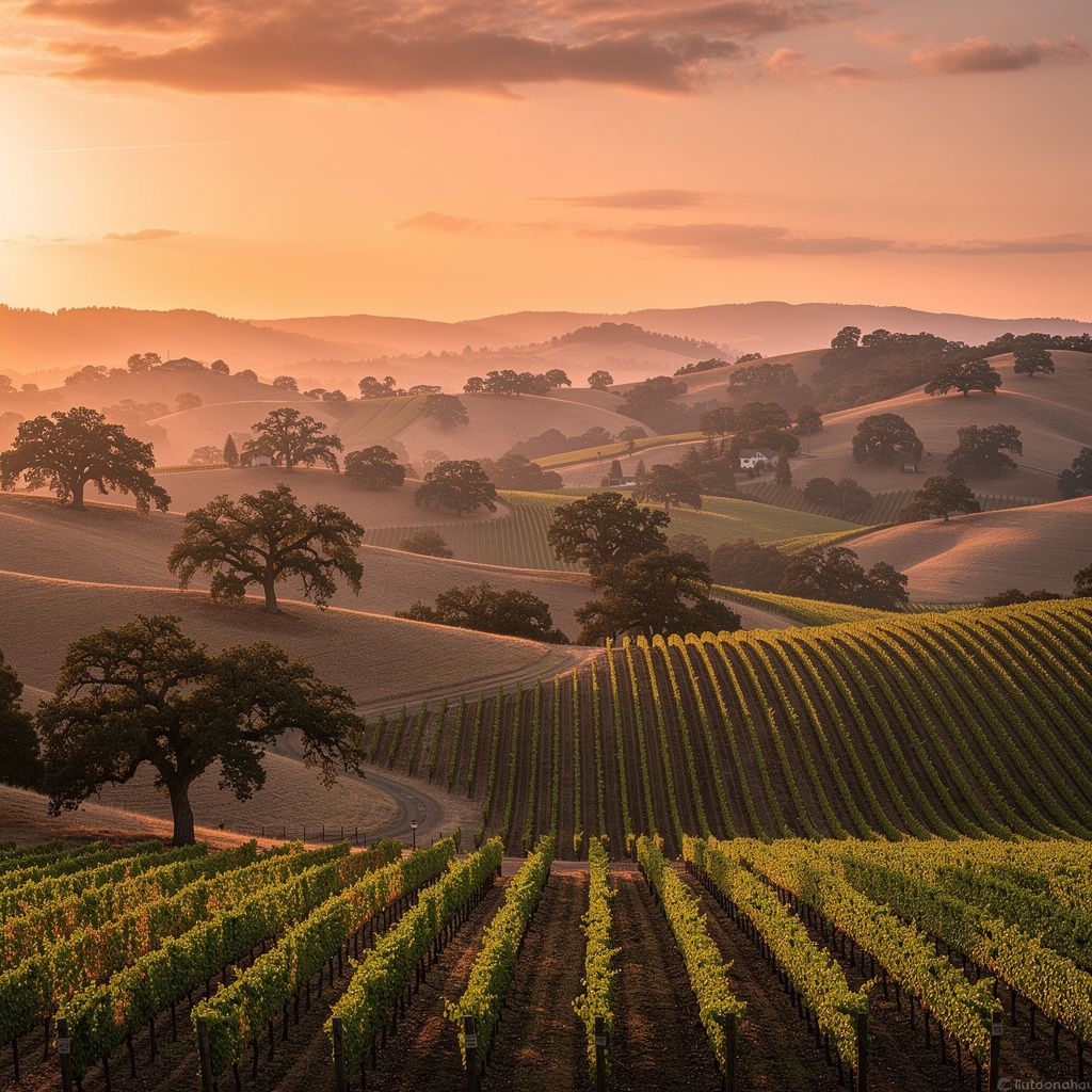 Sunset over vineyards and hills near Santa Rosa, California