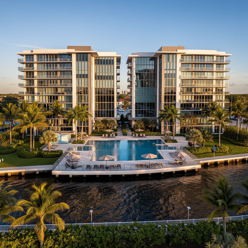 Modern waterfront condo buildings in Hallandale Beach with pool and Intracoastal views