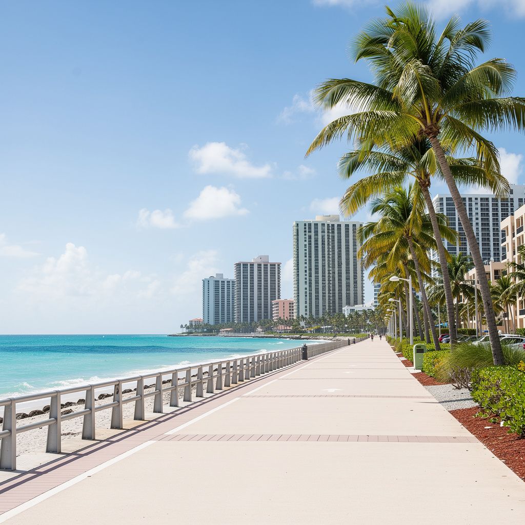 Coastal path and beachfront condos in Hollywood, Florida