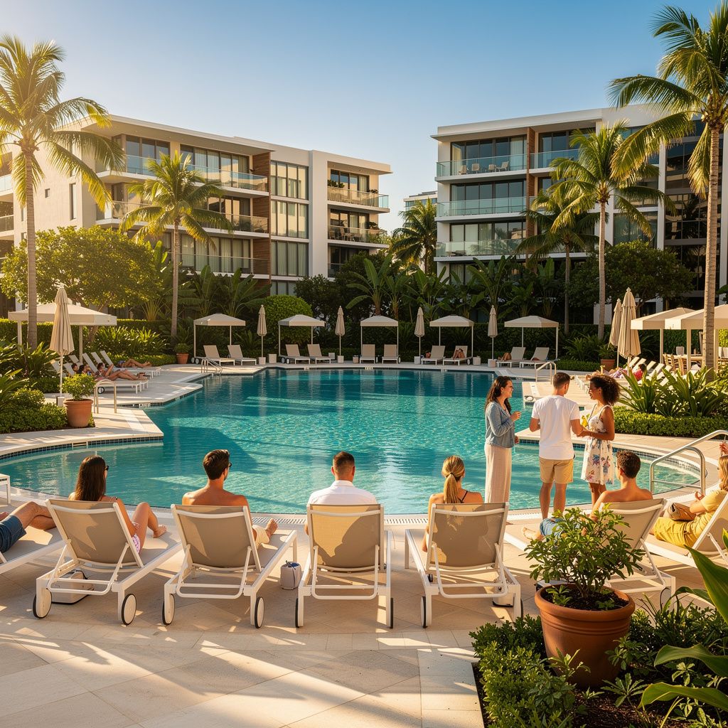 Residents relaxing by a condo pool surrounded by palm trees in Hallandale Beach
