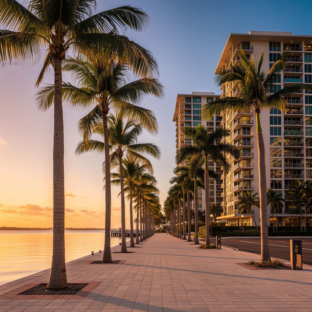 Waterfront walkway with palm trees and condos in South Florida