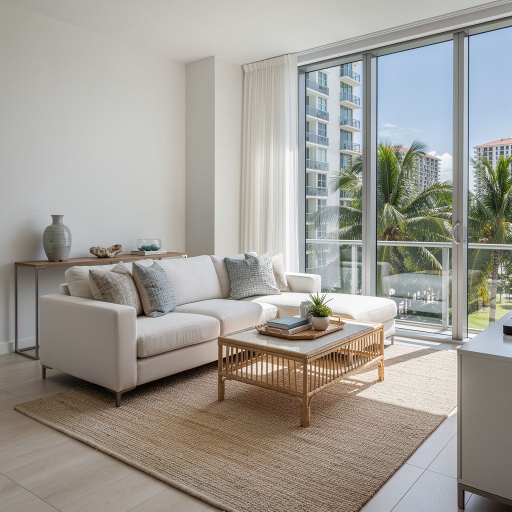 Modern coastal-style living room interior in a South Florida condo