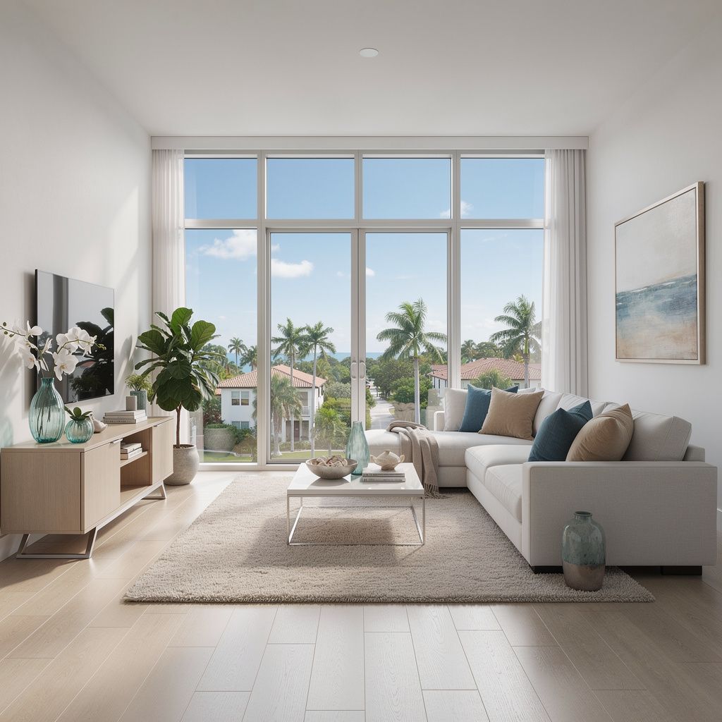 Bright modern condo living room with neutral decor and coastal accents
